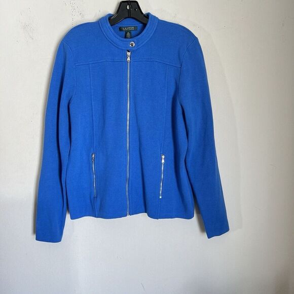 Lauren Ralph Lauren Blue Stretch Knit Jacket Full Zip Pockets Equestrian XL - Picture 1 of 5